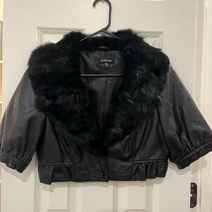 BeBe Soft Leather Dyed Rabbit Fur Cropped Short Sleeve Jacket Black Size Medium